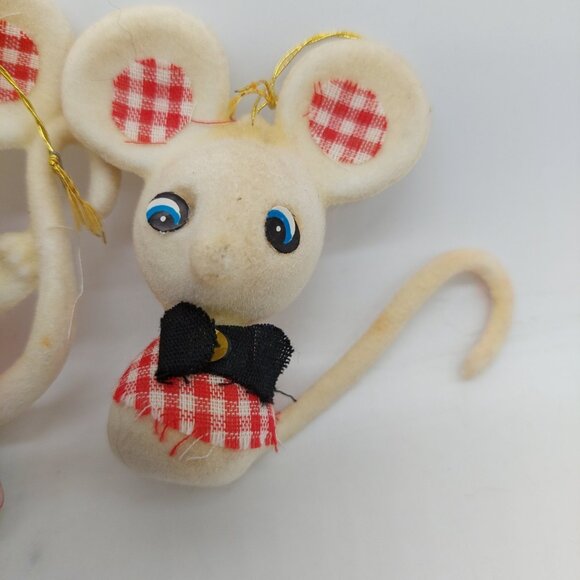 Flocked Christmas Mouse Ornament Mid Century MCM White Set Of 2 READ Vintage - Picture 2 of 7